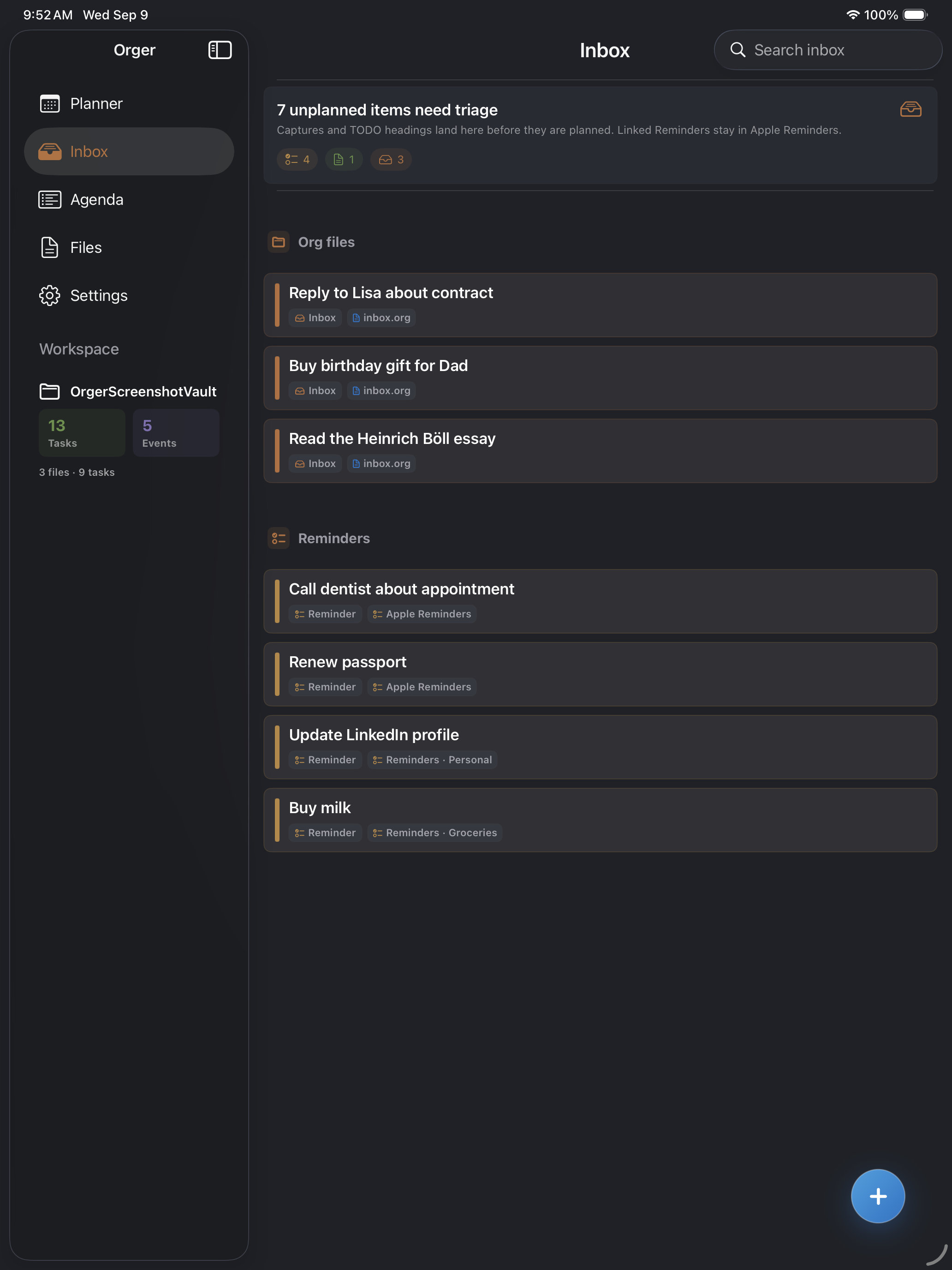Orger Inbox on iPad