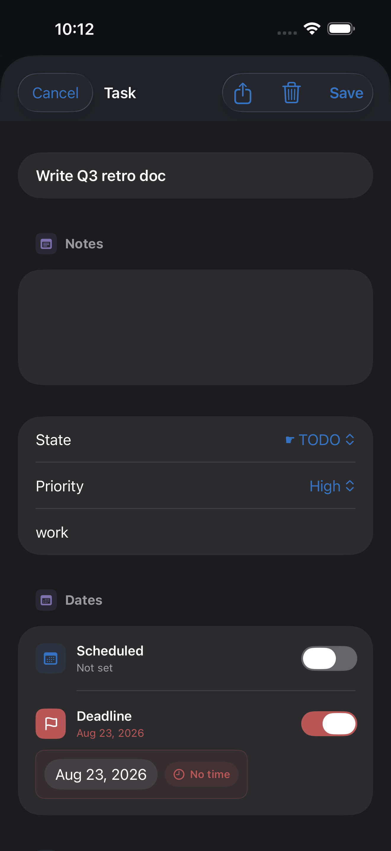 Orger task detail view on iPhone